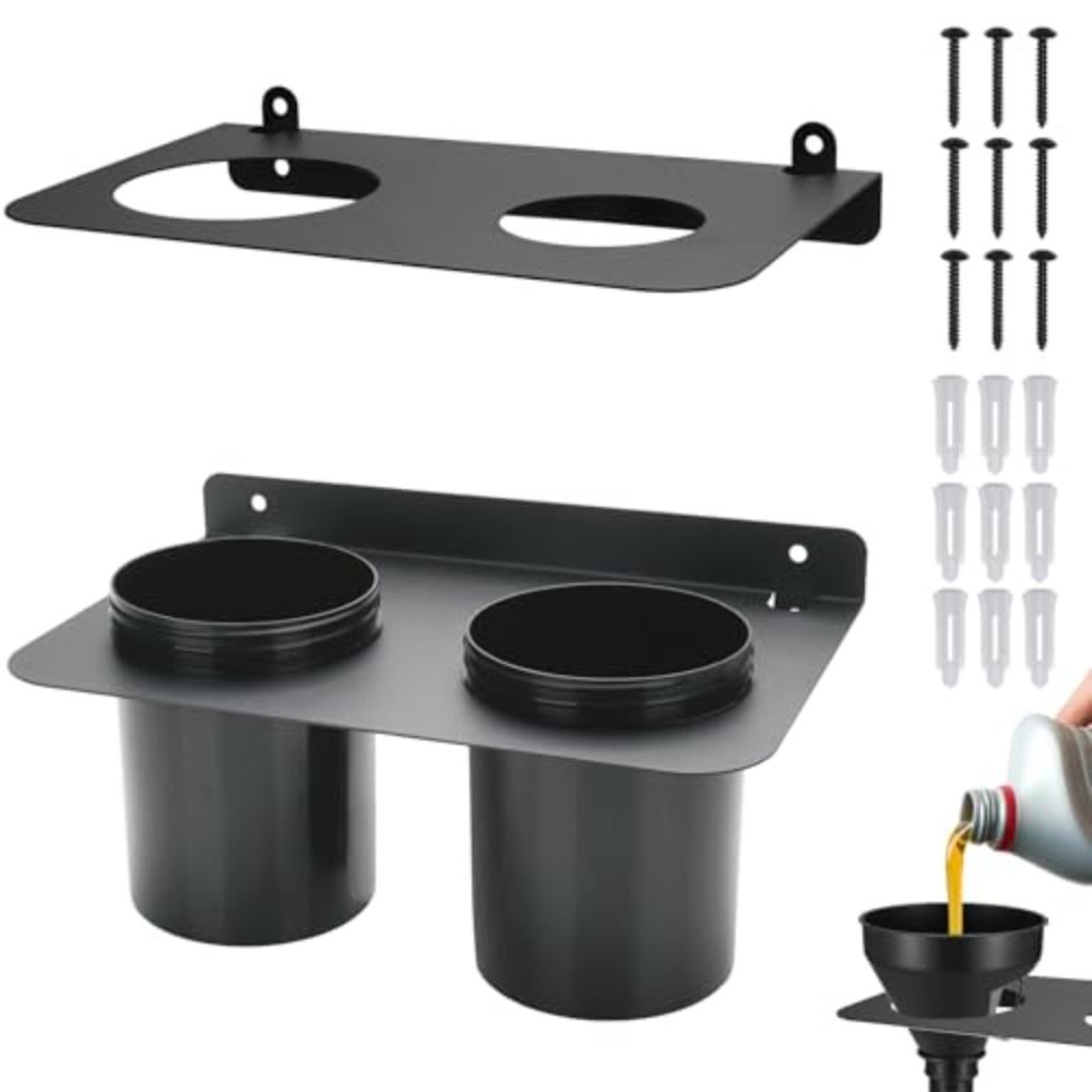 Durable Construction Wall Mounted Funnel Organizer Two Drip Cups Heavy Duty Oil Funnel Holder Removable Drip Cups