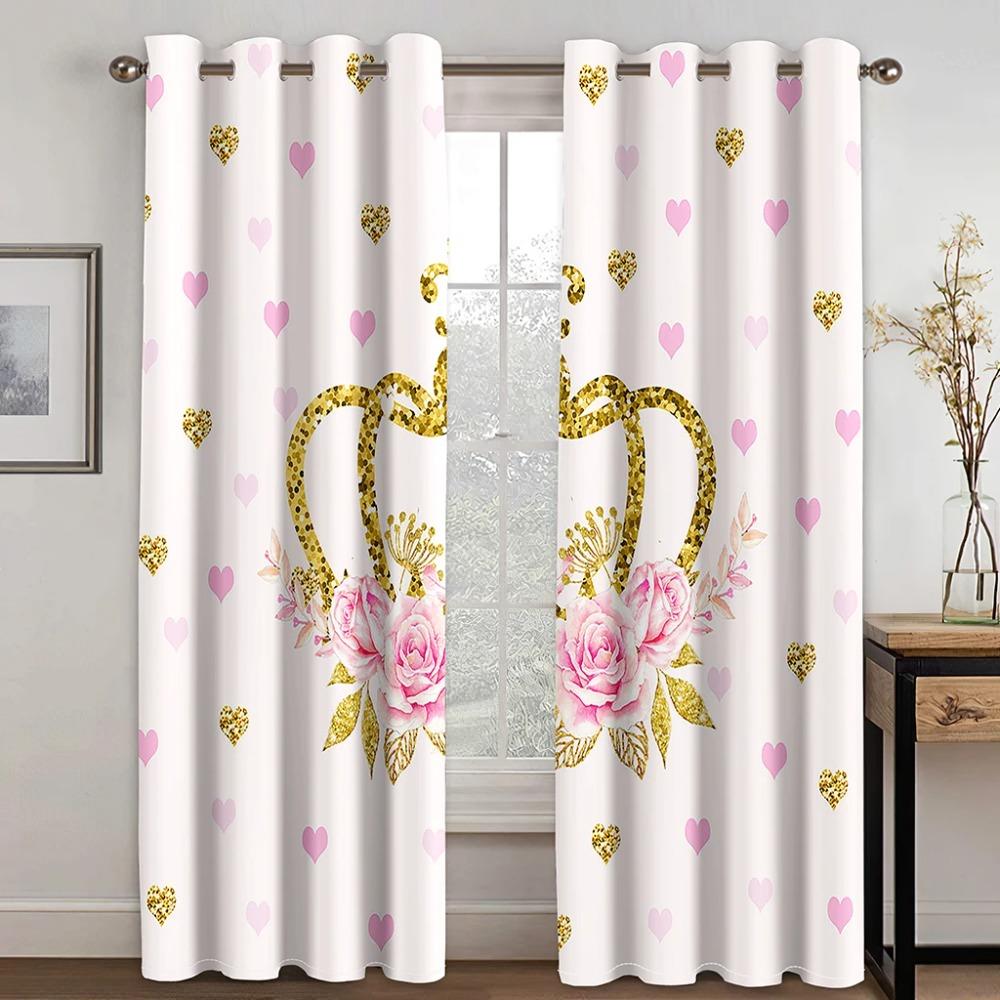 2pcs Pink Queen King Crown Kids Girl Boy Curtains Blinds Window Treatment for Bedroom Office Kitchen Living Room Home Decor Door