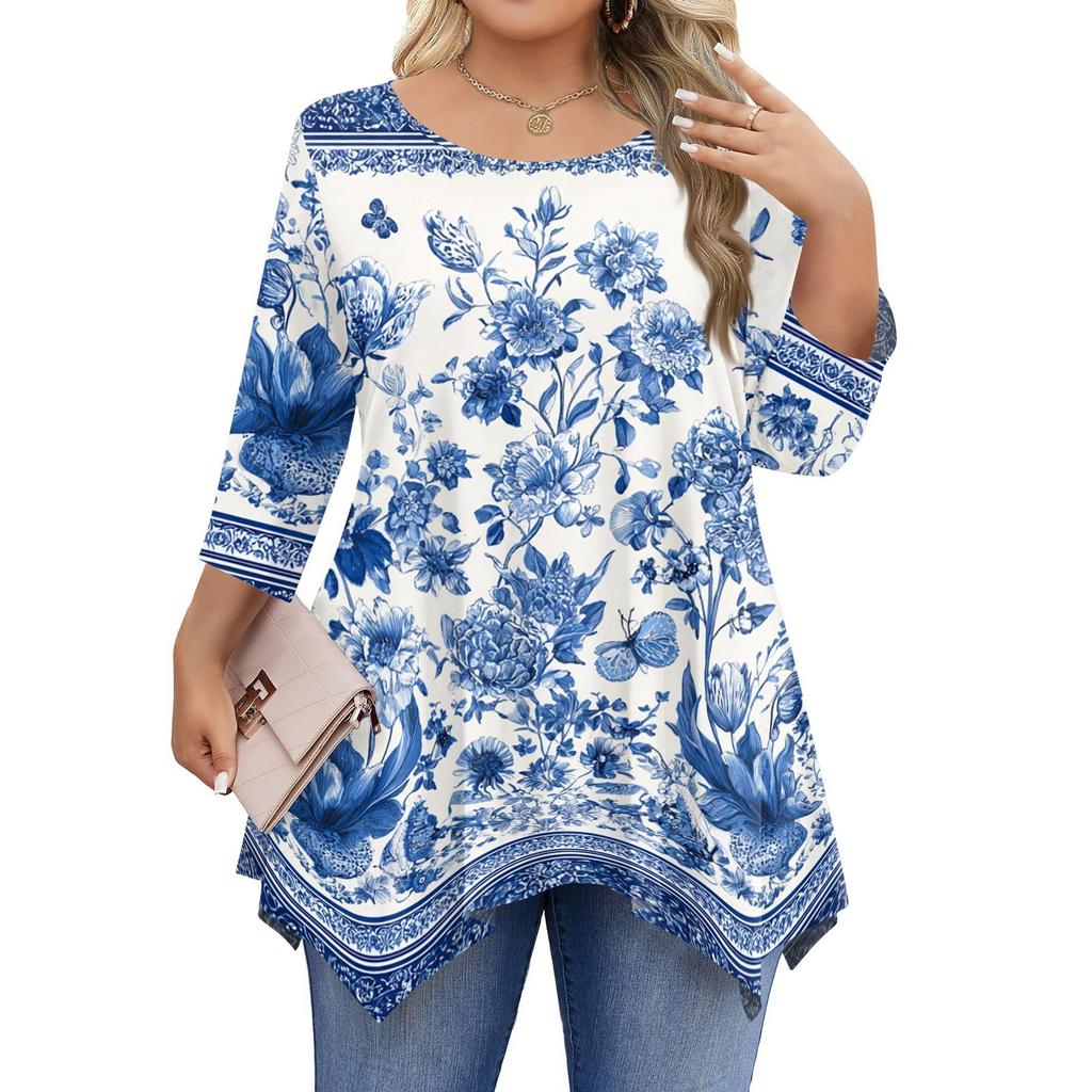 Damen Übergröße 3/4 Ärmel Shirts Rundhals Tunika Tops Basic Locker Sitzen T-Shirt Tops L-5XL