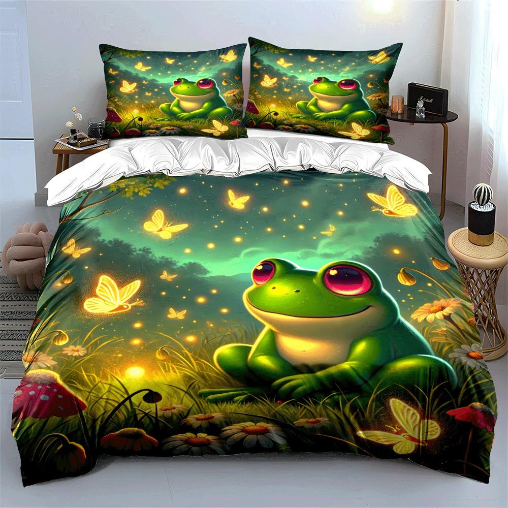 Verspieltes Frosch-Nachtgarten-Set Exquisites Dreiteiliges Bettwäsche-Set Geschenk für Kinder und Erwachsene