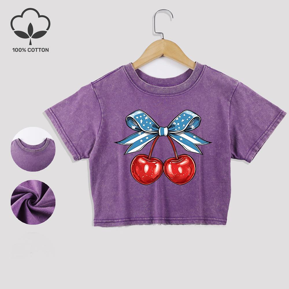

Футболки из хлопка с принтом в виде вишни и банта-флага, модные летние кроп-топы с кружевной отделкой, обычного кроя, с круглым вырезом, повседневная одежда XL