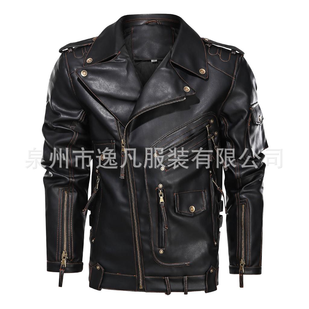 Model D three-dimensional multi-pocket zipper locomotive leather jacket retro jacket European size