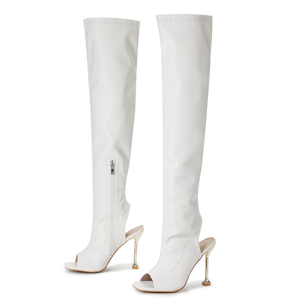 Maogu Sexy Open Toe Stripper Heels White Booties Fashion Motorcycle Shoes Women Pumps Leather Thigh High Over The Knee Boots 42