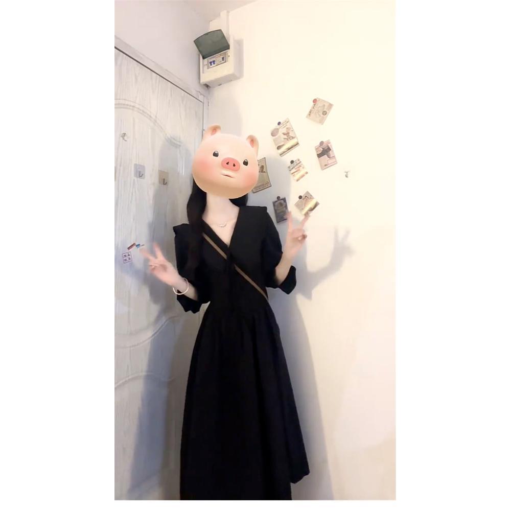 

Черное платье с V-образным вырезом и рукавами-пузырями, повседневный стиль, женское, весна, лето и осень, приталенное, юбка А-силуэта XL- (recommended 110-60kg)