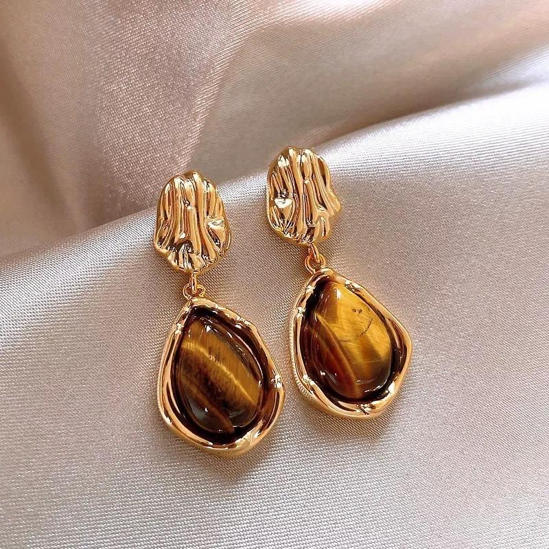 Silver Needle Resin Tiger's Eye Stone Round Leopard Pattern Earrings Retro Maillard Earrings Niche High-end Earrings