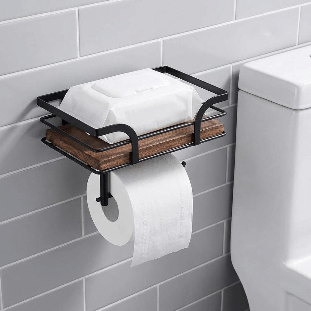 Wall Mounted Paper Towel Holder Wooden Paper Phone Holder Storage Rack Toilet Paper Holder Hotel