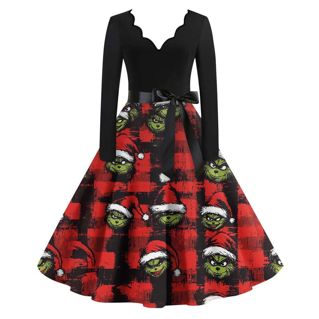 Women's Casual Fashion Print Long Sleeve Dress Cutout Party Casual V Neck Dress