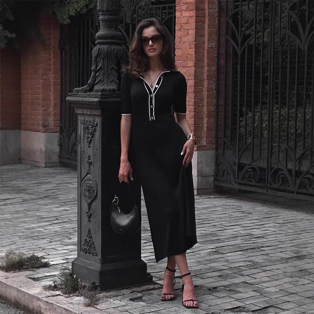 Women's Short Sleeve Turn-Down Collar Ribbed Knit Bodycon Dress - Spring/Summer 2025 European & American Style