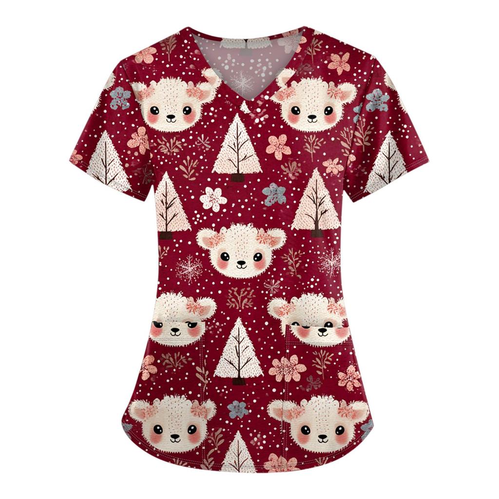 Damen-Bluse mit Weihnachtsdruck, kurzärmelig, V-Ausschnitt, Arbeitstasche