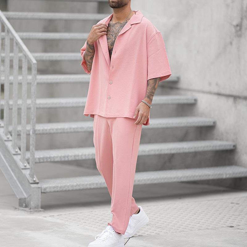 Abiti da uomo in due pezzi alla moda estiva, abbigliamento casual da uomo, manica corta, risvolto, bottone, camicia e pantaloni, set per il tempo libero, abiti da uomo