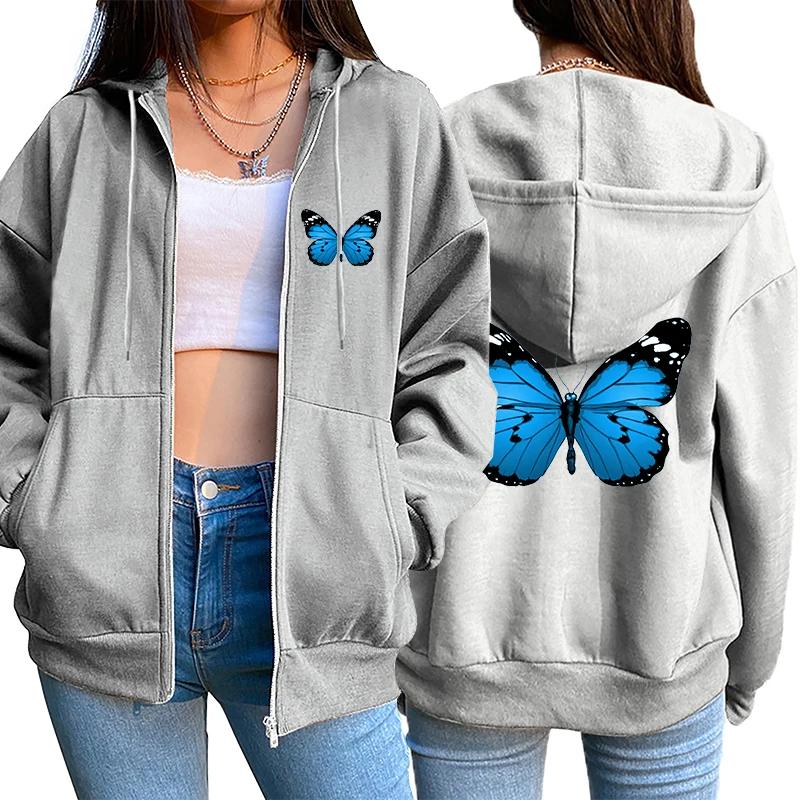 Butterfly Printed Hoodies for Women 2025 Hot Sale Hooded Longsleeve Jackets Autumn Home Outdoor Casual Fashion Ziiper Coats