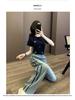 2026 Sommer Damen Trendiges Streetwear Set: Stilvolles Rundhals-Kurzarm-Oberteil & Weitbeinige Jeans