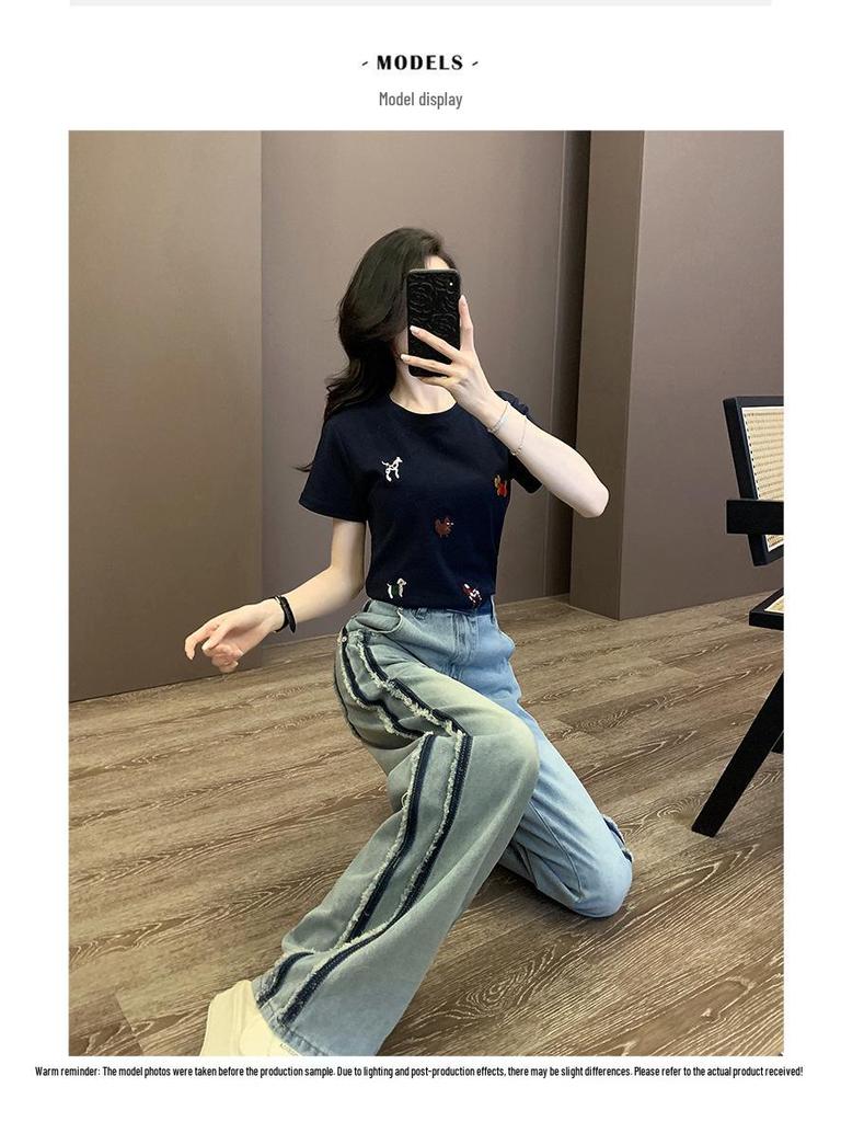 2026 Sommer Damen Trendiges Streetwear Set: Stilvolles Rundhals-Kurzarm-Oberteil & Weitbeinige Jeans