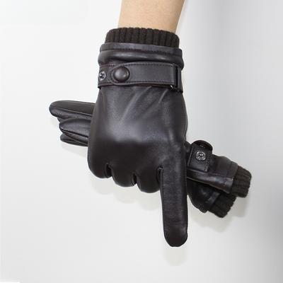 Touch Screen Leather Sheepskin Gloves Men's Winter Thickening Warmth Motorcycle Driving Fashion  New Brown Finger Gloves