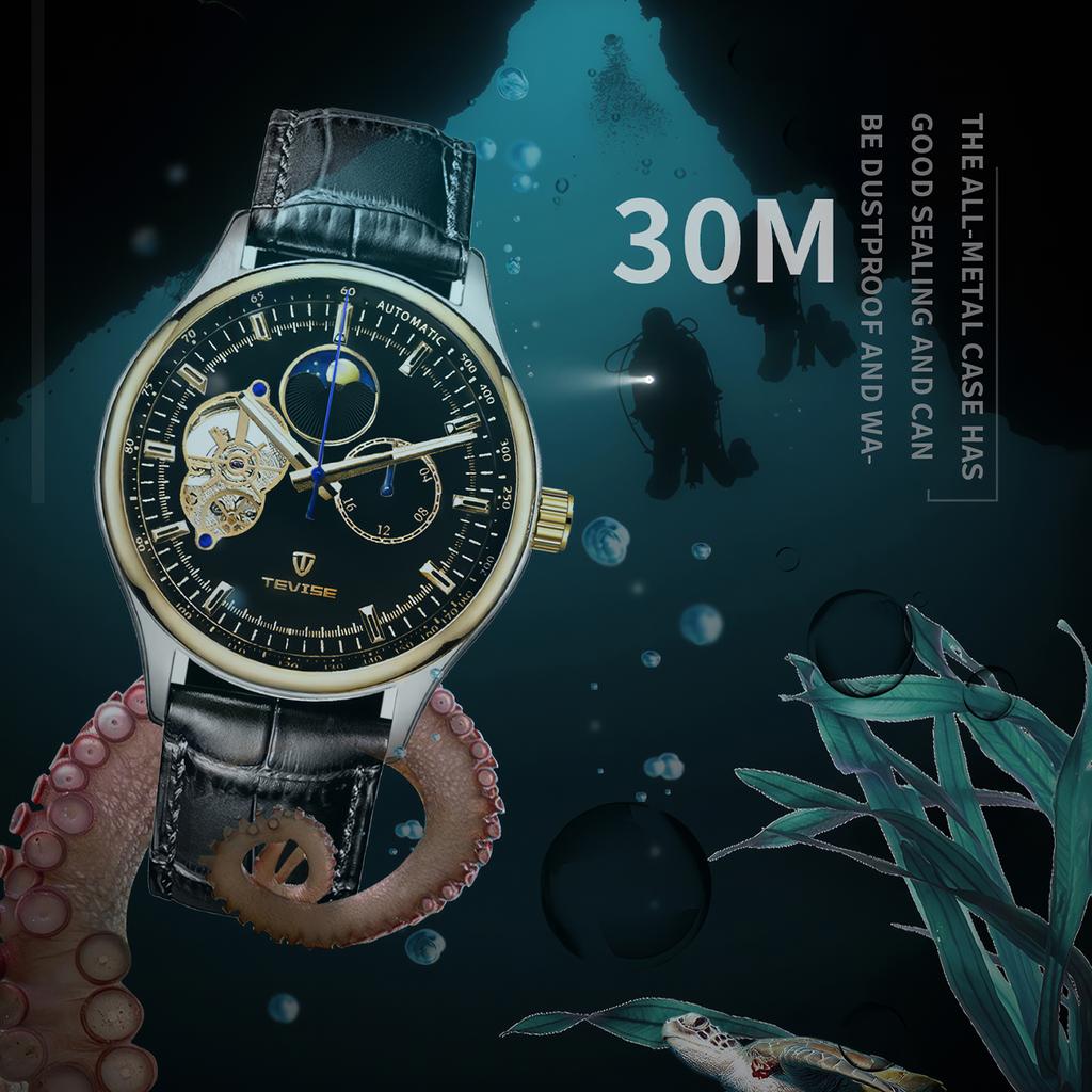 Pánské plně automatické mechanické hodinky Tourbillon s dutým ciferníkem 24hodinové okénko s fází měsíce Business Vodotěsné noční svítící pánské módní mechanické hodinky