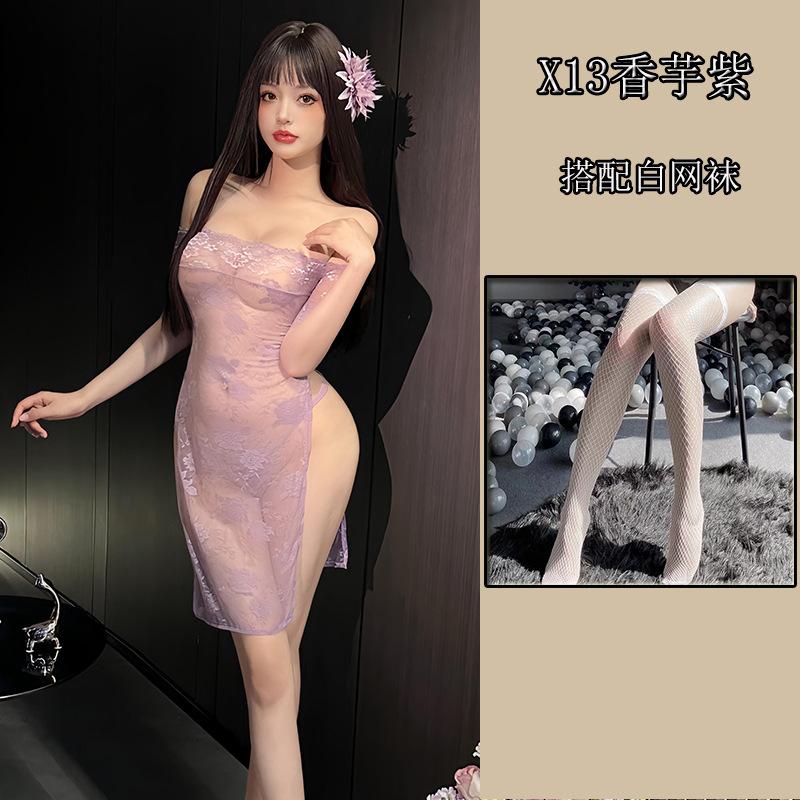 Sexy Transparent No-take Cheongsam Sex Underwear One-word Collar Lace Purple Perspective Hip-wrapped Dress Spice Girl Suit