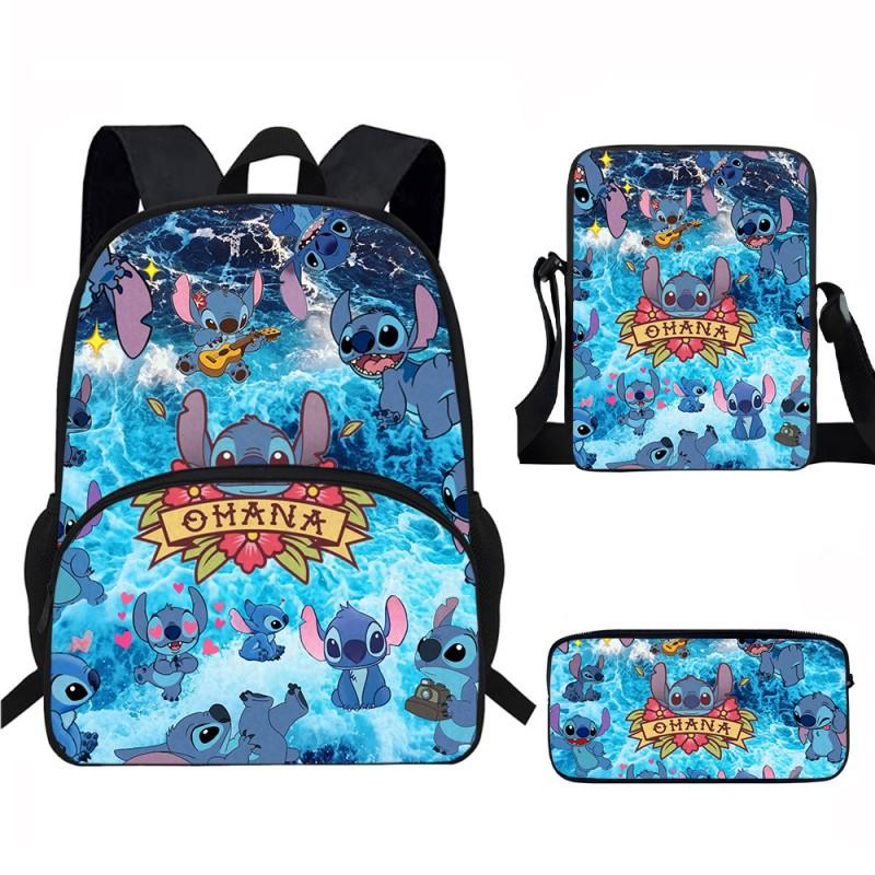 Stitch Kids School Backpack Set Elementary Students Oxford Fabric Ergonomic Design Printed Cartoon 3-Piece Bundle