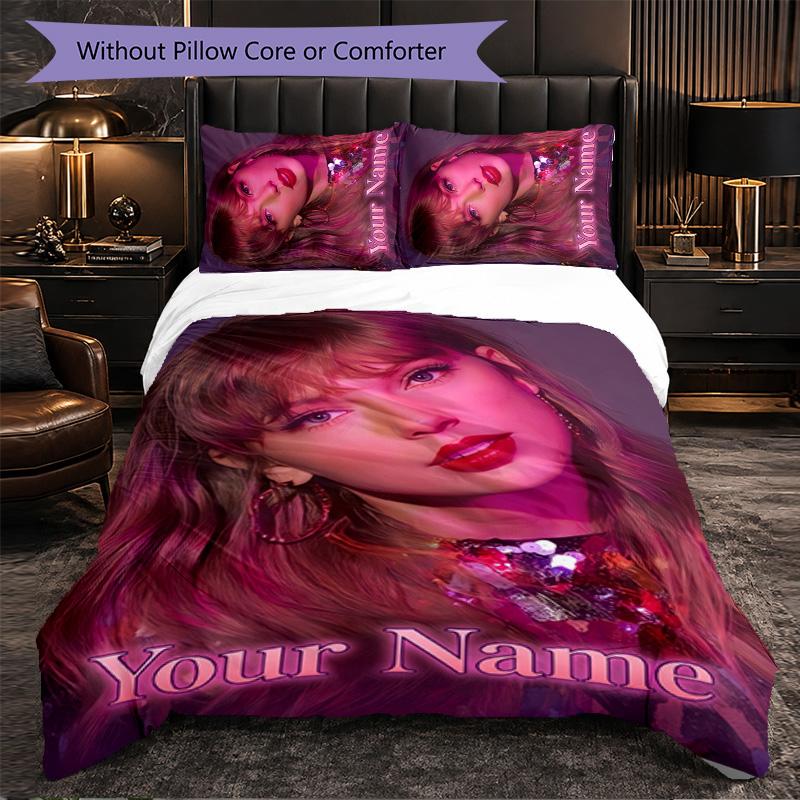 Taylor Swift Customized Name Text Bedding Set, 1 Duvet Cover & 2 Pillowcases Personalized Bedroom Gift