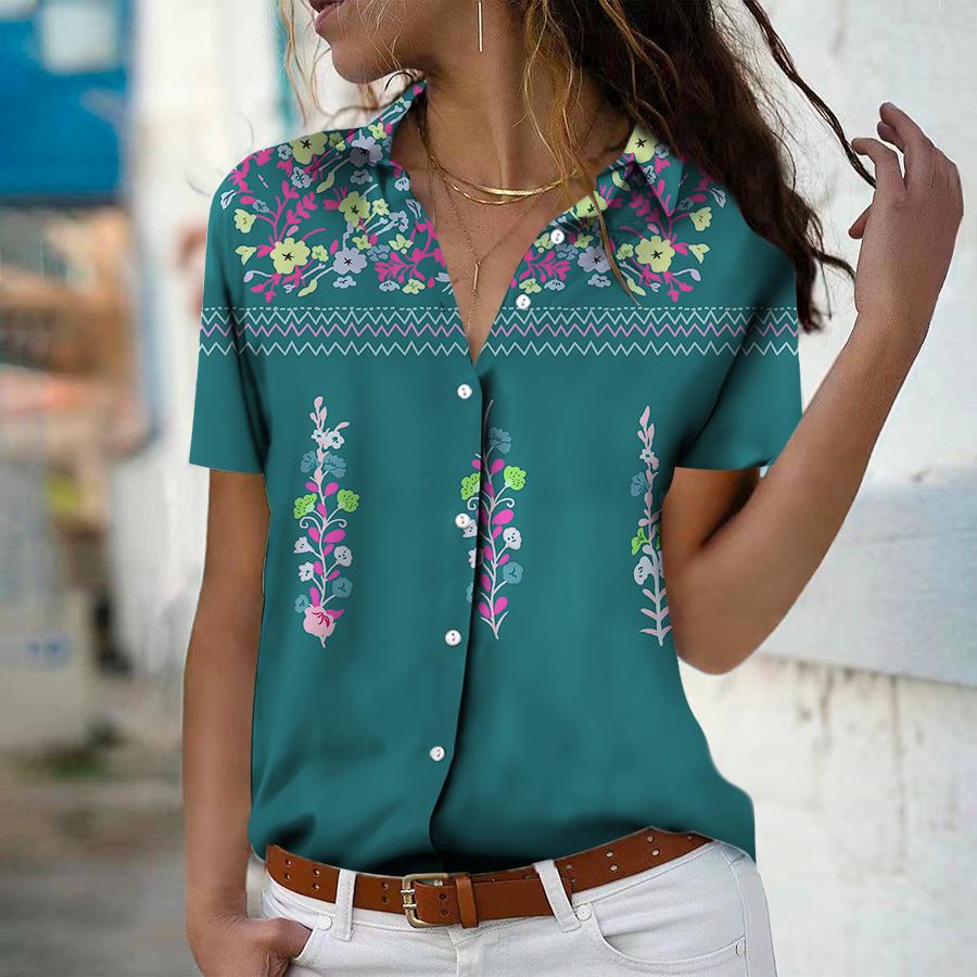 

Лето 2023, новая модная женская повседневная рубашка на пуговицах с короткими рукавами и v-образным вырезом с принтом «Утренняя слава»