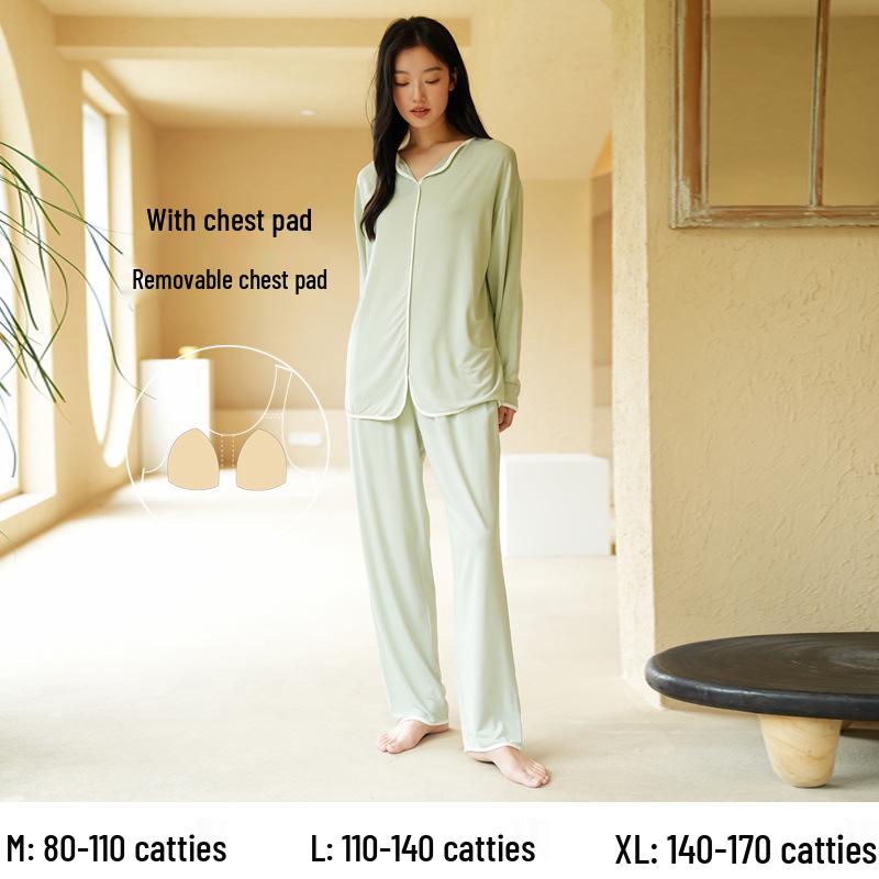 Women's High-End Modal Pajama Set: Long-Sleeved Top, Trousers, Chest Pads - Ideal for Autumn and Winter
