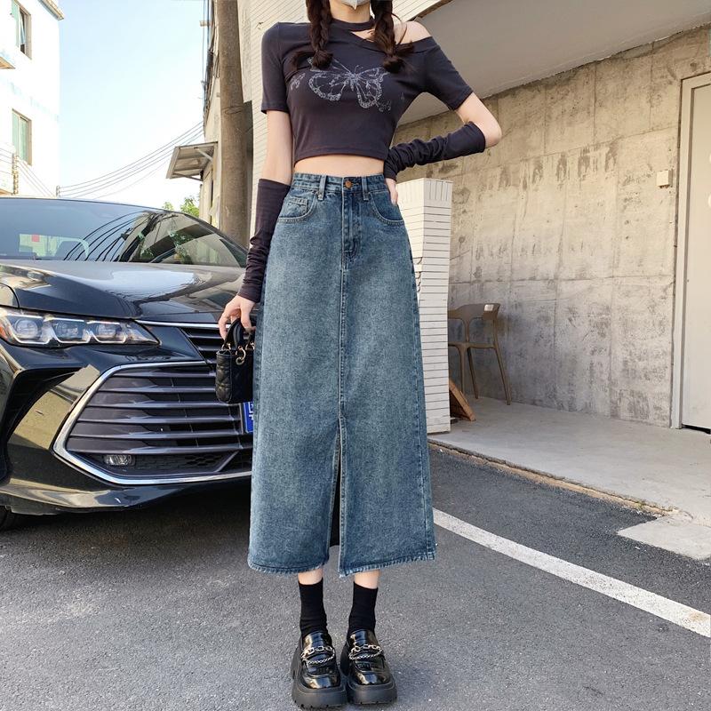 Front Split Female Summer High Waist Straight Covering Flesh A-Line Mid-Length Package Hip Skirt Versatile Comfortable Fashion Denim Bustier Skirt