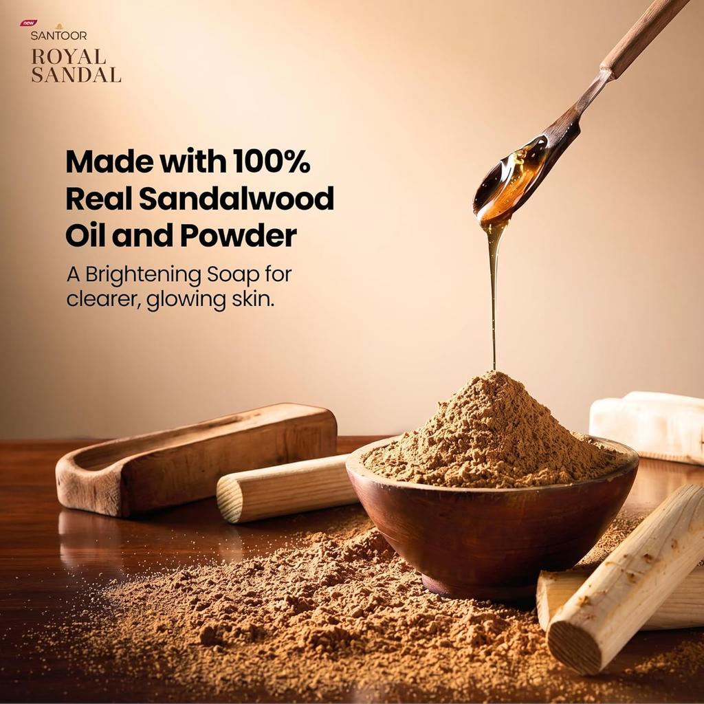 Santoor Royal Sandal Detan Soap Pack of 1 3N X 150g Natural Sandalwood Oil Skin Brightening Complexion Glowing Soap
