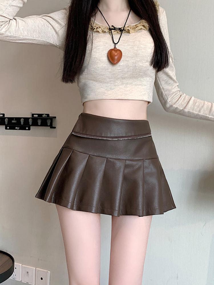 

Y2K черная искусственная кожа молния плиссированная юбка женская осень новая высокая талия анти-легкая юбка А-силуэта винтажная корейская S коричневый