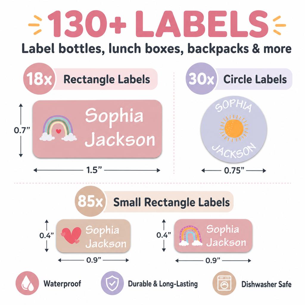 140Pcs Personalized Name Labels Waterproof Custom Stickers 8 Styles For Kids Bottle Lunch Box Clothes Backpack
