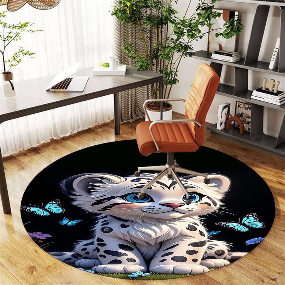 1PC Snow Leopard Round Chair Mat Area Rug - Non-Slip, Floor Mat for Office, Bedroom, Home Decor Christmas Gift C0528085