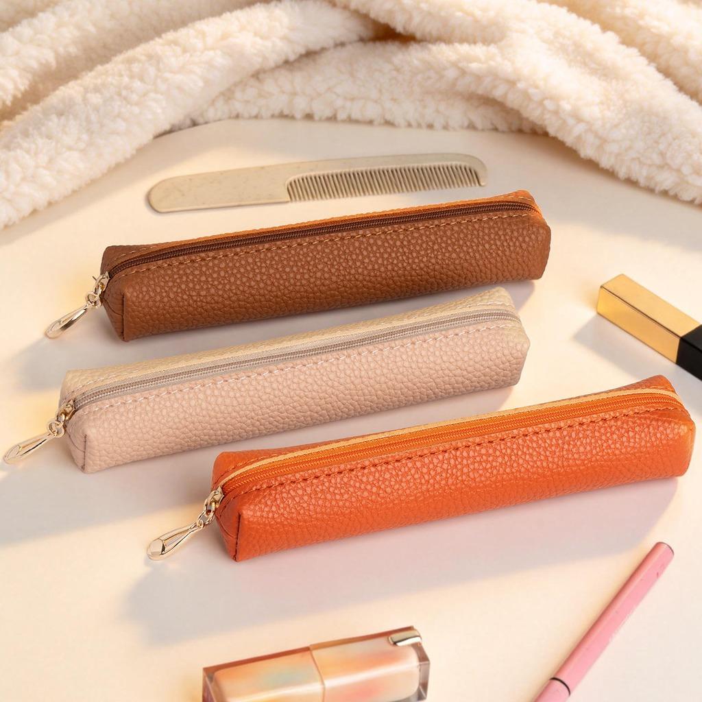 Slim Pencil Case Waterproof Lychee Grain Pu Leather Cosmetic Pouch Portable Makeup Bag For Lipstick Makeup Brushes Pen Bag