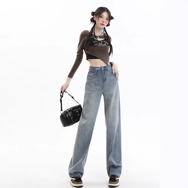Women's Mid-Rise Washed Jeans - Loose, Straight-Leg, Wide-Leg, Slimming, Floor-Length, Perfect for Spring & Autumn 2025