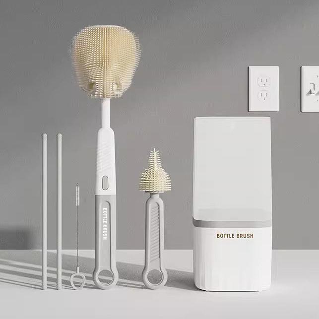 Baby Silicone Bottle Brush Set with Stand Baby Cleaning Brush Travel Size Drain Rack Long Handle 3 in 1 Multipurpose