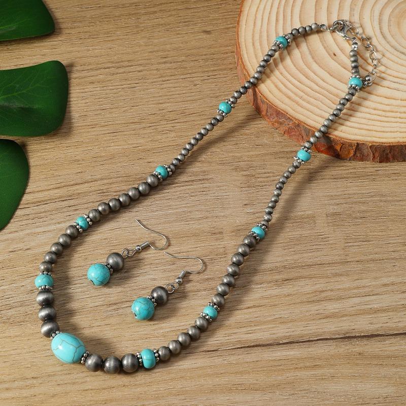 New Earrings Necklace 2-piece Fashion Turquoise Beaded Women's Earrings Necklace Chain