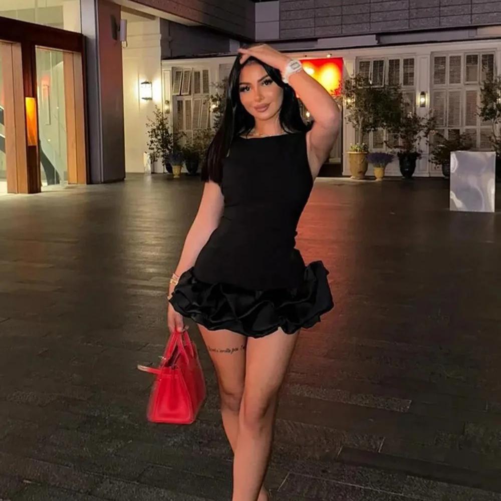 LYRIA Módní jednobarevné šaty s volánovým lemem bez rukávů přiléhavého střihu krátké dámské elegantní s kulatým výstřihem slim mini šaty sexy dámské párty vestidos