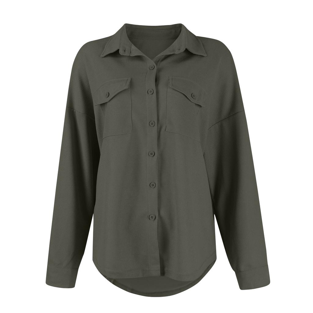 Women's Pocket Blouse Solid Color Casual Loose Long Sleeve Top