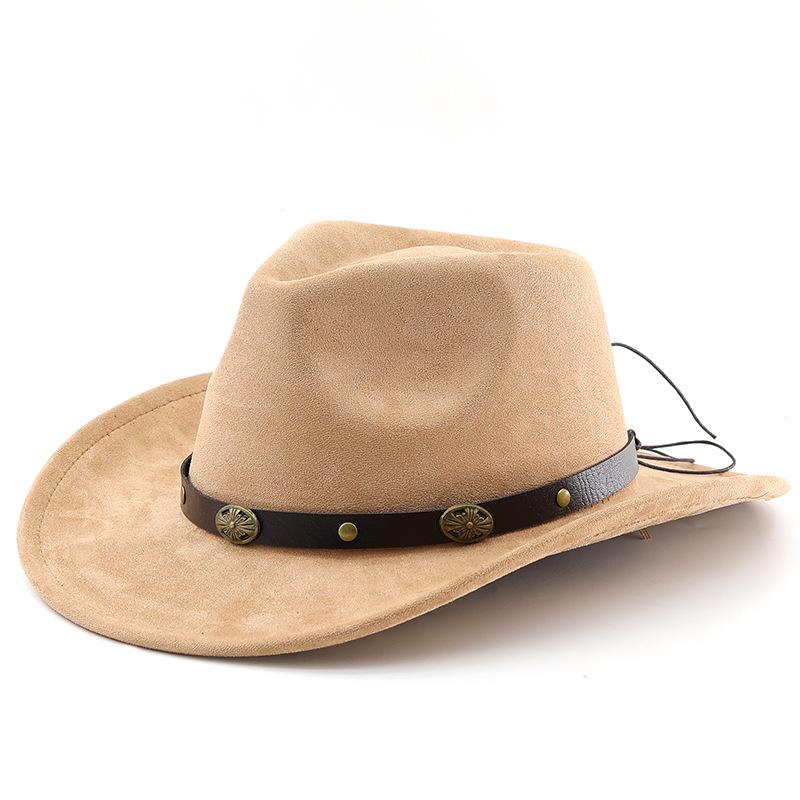 Western Suede Upturned Edge Western Cowboy Hat Men's and Women's Outdoor Travel Hat Rolled Brim Ethnic Style Top Hat Felt Hat