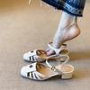 Easy To Wear Version~ Black Thick Heel Hollow Breathable Roman Shoes for Women with Square Head Camellia Retro Soft Leather Sandals