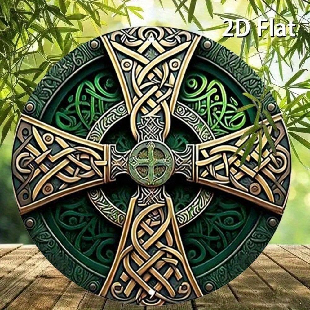 Arte de pared de aluminio con Cruz Celta, Señal Redonda de 7,9 Pulgadas, Decoración Rústica Bohemia Verde para el Hogar