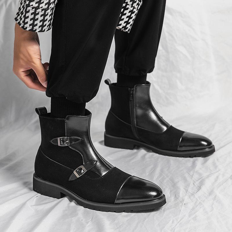British Style Men's Medium and High-top Leather Shoes Brock Business Casual Short Boots Fashionable Retro Pointed Heightening Martin Boots