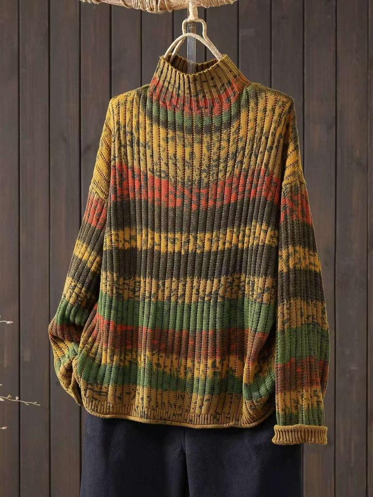 Johnature Women Vintage Striped Pullover Sweaters Mock Neck Long Sleeve Spring Long Sleeve Casual Sweaters