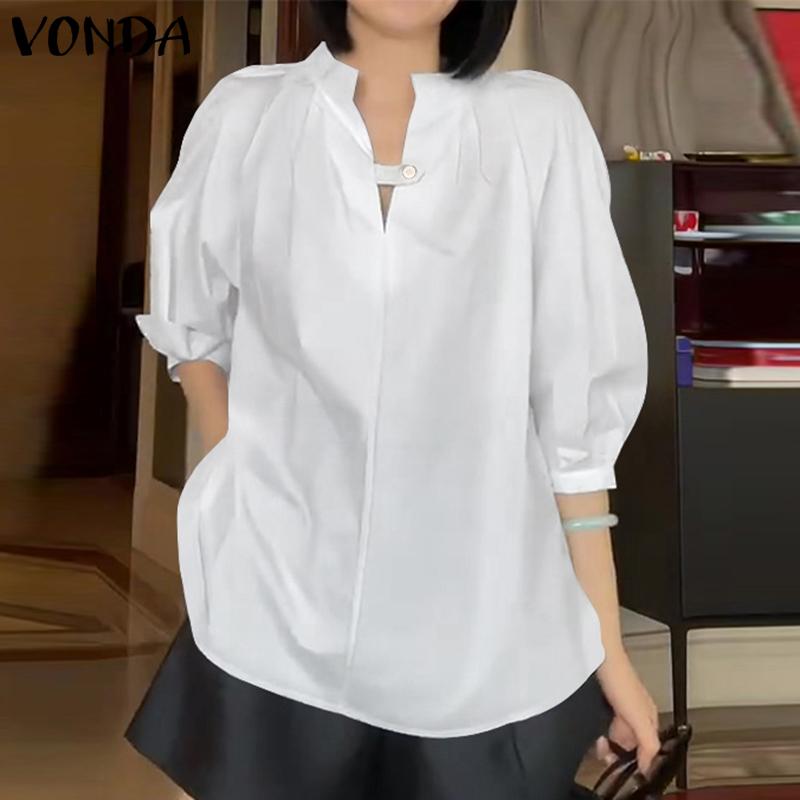VONDA Women's Summer Standing Collar Bubble Short Sleeve Tie Button Solid Colour Loose Blouse