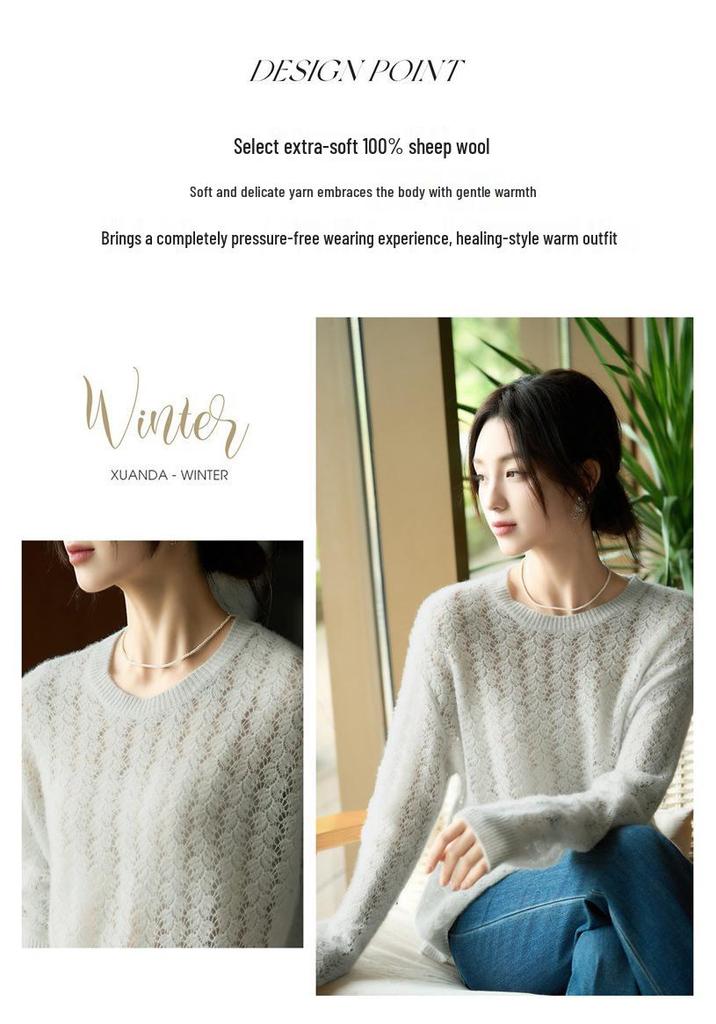 Women's Ultra-Soft 100% Wool Loose Knit Sweater - Round Neck, Comfortable & Fluffy