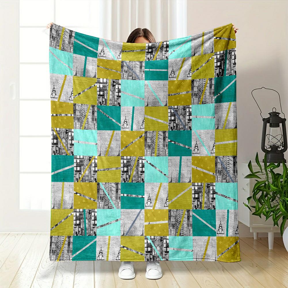 "Geometric Patchwork with Urban Motifs" Patterned flannel blanket perfect for the bedroom living room, sofa, or a little nap