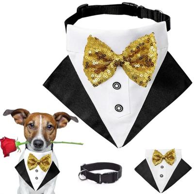 Dog Tuxedo Costume Wedding Dog Bandana Nylon Collar Suit with Gold Bow Tie Adjustable Black Tux Formal Dog Clothes