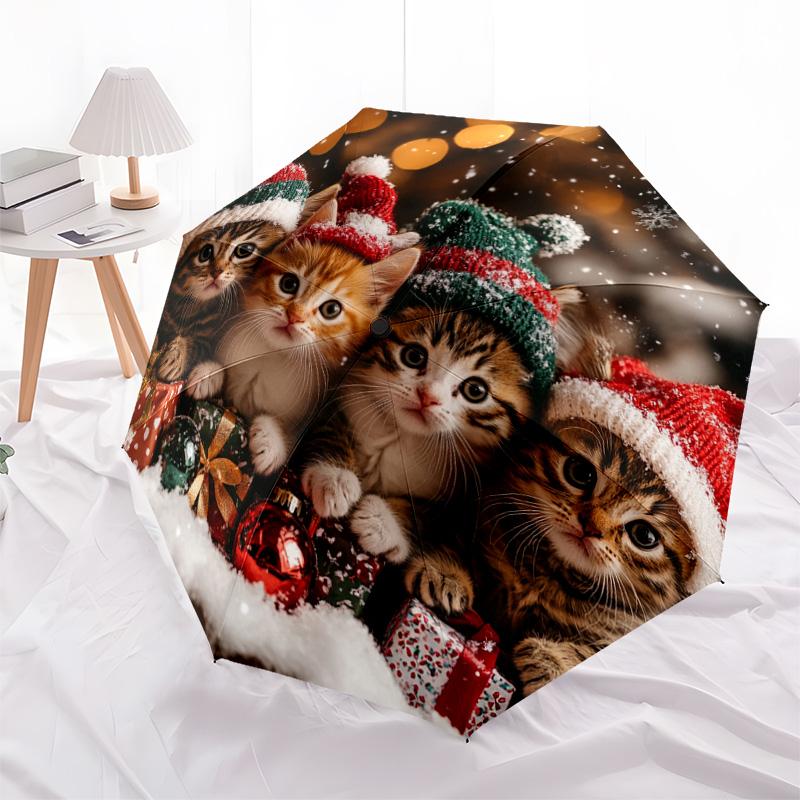 1 PC Automatic Folding Umbrella - Christmas Kittens Pattern, Portable & Foldable Design with 8 Ribs, Christmas Birthday Gifts
