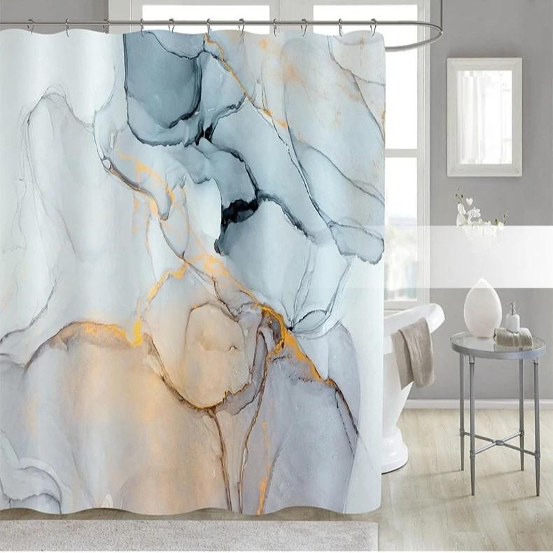 Modern Art Marble Gold Foil Bathroom Set Waterproof Anti Mold Shower Curtain
