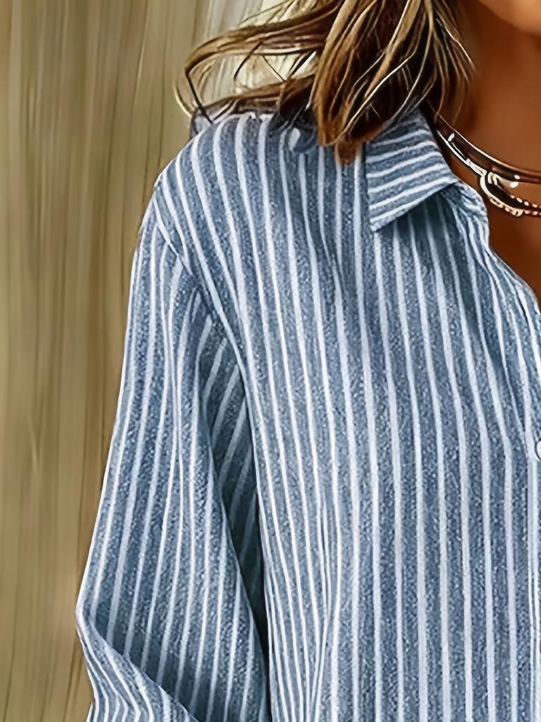 Casual fashionable striped print women's large size loose and light buttoned long-sleeved shirt cardigan top