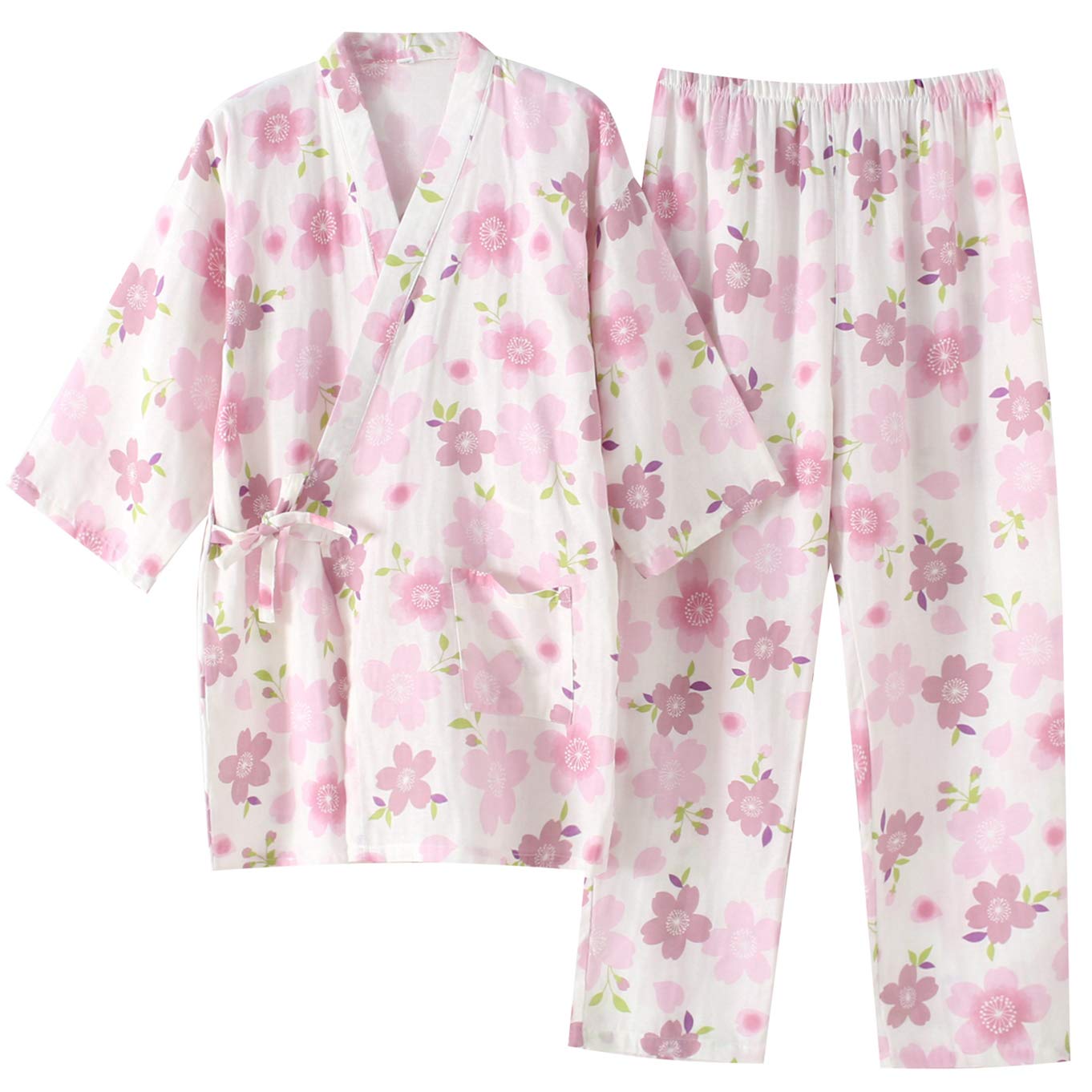 

SISOFTLY Джинбей и пижама Милый цветочный открытый однотонный шиджира комплект Вишня Женский комплект, Принт, Марля, 100% хлопок, Рукава 5/8, Спереди, Весна/Лето, Цвет,