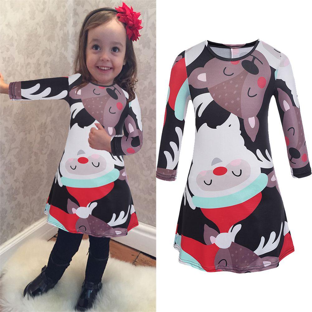 Christmas Kids Dress Girl Santa Claus Elk Long Sleeve Party Birthday Gift