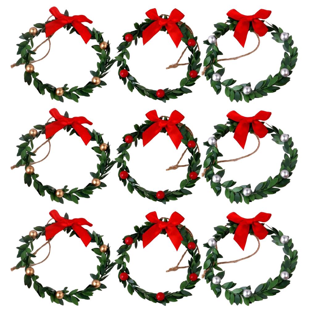 9pcs Christmas Mini Cabinet Wreaths Small Artificial Garland With Ribbon Bows For Door Window Kitchen Farmhouse Holiday Decor